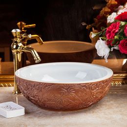 Europe Style Handmade Engraved Blocks Porcelain wash basin Countertop Lavabo Round Sink Bathroom Basin Kkgwc