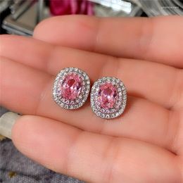 Dangle Earrings Luxury Pink CZ Oval Shaped Stud Bling Women's Accessories For Party Delicate Statement Jewelry