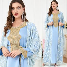QNPQYX New 2 Piece Set Luxury Dubai Robe Muslim Abaya Women Arabic Dress Ethnic Lace Dresses Summer Fashion Kaftans Plus Size Jilbab Islam