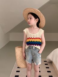 Weste Sommer Kinder Regenbogen Gestrickte Weste Baby Mädchen Aushöhlen Eis Seide Tops Kinder Kleinkind Kühle Lose Beiläufige Kleidung 230625