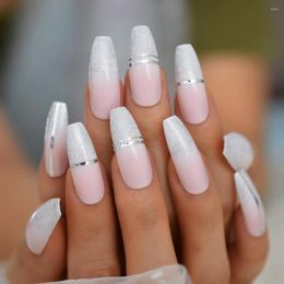 False Nails Glossy Baby Pink Ombre French Coffin Press On Extra Long Silver Glitter Cross Line Gel Fake Fingers Ballet Nail