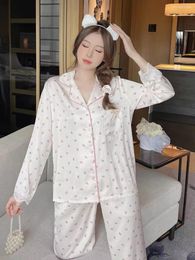 Women's Sleepwear Women's 2 Piece Pyjamas Sets Flower Print Pijama Faux Silk Satin Lapel Pyjama Female LongSleeve Shirt Pants Homewear