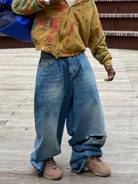 Men's Jeans Large size Ripped Vintage Men Cloth Spoiled Wash Solid Color Loose Wide Leg Casual Y2k Mop Pants Street HipHop 230625