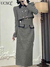 Jackets Ucxq New Fashion Sexy Plaid Strap Dress Suit + Elegant Women's High Quality Two Piece Cropped Woollen Jacket Set Female 10ab3302