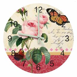 Wall Clocks Antique Plant Flower Pink Rose Butterfly Luminous Pointer Clock Home Ornaments Round Silent Living Room Decor