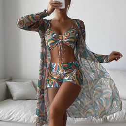 Women's 2023 New 3 Piece Bikini Set Women Sexy High Waist Swimwear Long Sleeve Cover Bathing Suit Summer Push Up Beach Wear Swimsuit J230506