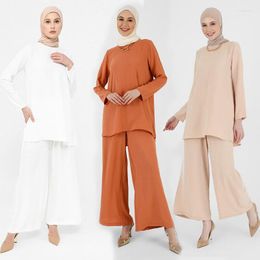 Ethnic Clothing Muslim Womens Casual Solid Colour Long Sleeved Top And Straight Leg Pants 2-Piece Set Fashion Turkey Femme Loose Robe Suit