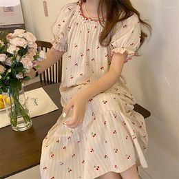 Women's Sleepwear Cotton Cherry Ins Summer Soft Wear Out Home Short Sleeve NightDress Simple Internet Celebrity Princess O-Neck Korean
