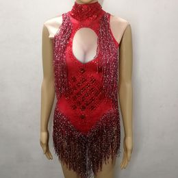 Women's Jumpsuits Rompers 4 Colors Sleeveless Sparkly s Bodysuit Silver red Glass Stones Tassels Jumpsuit Sexy Female Nightclub DJ DS Costumes 230625