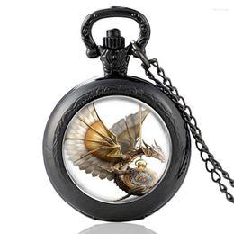 Pocket Watches Classic Black Steampunk Flying Dragon Design Glass Cabochon Quartz Watch Vintage Men Women Pendant Necklace Chain Clock