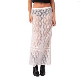 Skirts Women's Lace Midi Elastic Low Waist See-Through Solid Color Long Streetwear