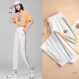 Ice Silk Spring/Summer Thin Small Rainbow Stripes 2023 New Strap Quick Dry Sports Casual Harlan Cropped harem Camp Pants plus sizes woman