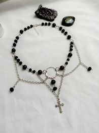 Pendant Necklaces Black Angel Fairycore Necklace Grunge With Cross Charm Crystal Gothic Choker Jewelry Gemstone