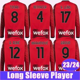 23 24 IBRAHIMOVIC Long Sleeve Player Version Soccer Jerseys GIROUD TONALI THEO TONALI BENNACER BRAHIM A. REBIC R. LEAO Home Football Shirt