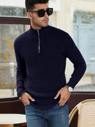 Men's Sweaters Autumn&Winter Business Casual Slim Fashionable Crew Neck Long Sleeves Cotton Solid Dark Blue Zip Knitted Pullover Sweater