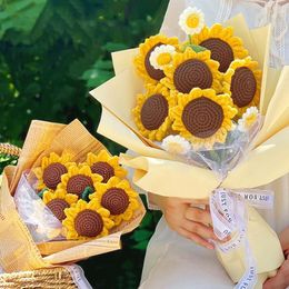 Decorative Flowers Sunflower Crochet Woven Flower Bouquet Finished Graduation Artificial Sunflowers Wedding Favours Room Decor