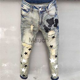 Men's Jeans High Quality Men Jean Hole Patch Fashion Versatile Ripped Jeans Stretch Pencil Pant Streetwear Elastic Hip Hop Star Pattern Jean J230626