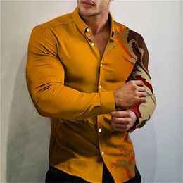 Men's Casual Shirts Men's Flower Pattern Printed Down Yellow Red Outdoor Street Long-sleeved Button Shirt Clothing Tropical Fashion