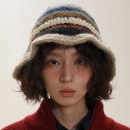 Winter Korean Handmade Crochet Striped Bucket Hats for Women Retro Contrast Color Warm Fisherman Hat Girl Knitted Beanies Hats