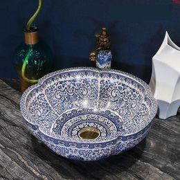 China Lavabo Ceramic Counter Top Wash Basin Cloakroom Hand Painted Vessel Sink bathroom sink bowl wash basin blue and whitegood qty Lwgjs