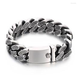 Link Bracelets Stainless Steel For Women Men Silver Colour Toggle Clasps Scratch Texture Cuban Chain Bangles Vintage Punk Jewellery