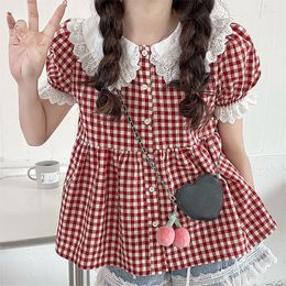 Women's Blouses Deeptown Red Plaid Shirts Cute Women Japanese Kawaii Lace Puff Sleeve Tops Preppy Style Vintage Lolita Sweet Girl Chic