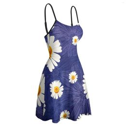 Casual Dresses Summer Dress Knee-Above Soft Skirt Daisy Printing Breathable Polyester Sleeveless A-Line Vintage Floral Women Cloth