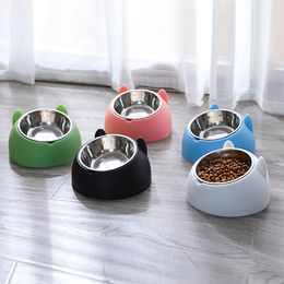 Cat Bowls Feeders Cat Dog Bowl 15 Degrees Raised Stainless Steel Non Slip Puppy Base Cat Food Drinking Water Feeder Tilt Neck Pet Bowl 230625