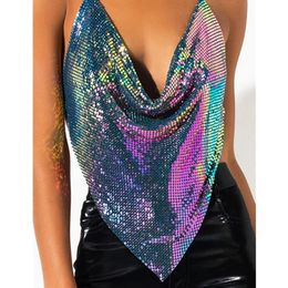 Women's Tanks Camis Sexy Backless Metal Sequined Solid Camis Sleeveless Halter Hollow Out V Neck Adjustable Chain Women Nightclub Crop Tops 230625