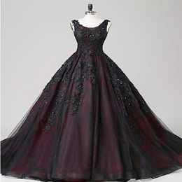 2021 Black and Red Gothic Wedding Dresses Ball Gown Scoop Beaded Lace Tulle Corset Back Princess Non White Bridal Gowns Custom Mad2440