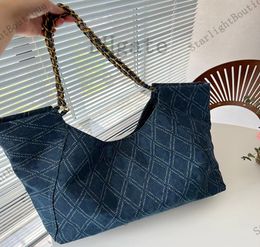 Denim Tote Bag Fashion Designer Patterned Versatile One Shoulder Diagonal Adjustable Strap Women's Large Capacity Shopping Bag for Commuting Blue