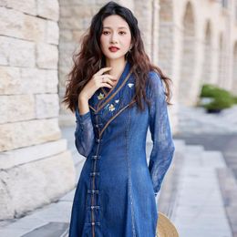 Casual Dresses 2023 Spring Fall Women Vintage Embroidery Sleeveless Denim Dress Woman Clothes Patchwork Cheongsam