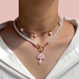 Chains 2023 Bohemia Imitation Pearl Beaded Choker Necklaces For Women Girls Pink Enamel Heart Mushroom Pendant Necklace Summer Jewellery