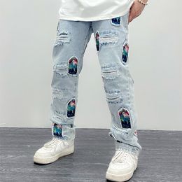 Men's Jeans 2023 Cyber Y2K Streetwear Washed Blue Baggy Ripped Pants Men Clothing Path Embroidery Straight Denim Trousers Ropa Hombre 230625