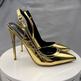 Gold Slingback Fashion Pumps Customised Heeled 10cm heels Pointed Toe Party Wedding Shoes Sexy Big Size 33-45