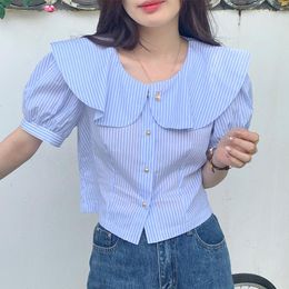 Women's Blouses O-neck Striped Shirt Women 2023 Summer Korean Chic Sweet Temperament Doll Collar Blouse Loose Puff Sleeve Short Female Top