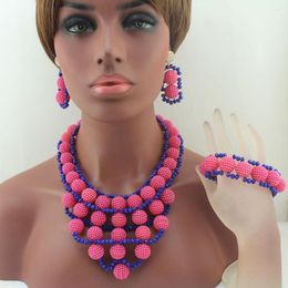 Necklace Earrings Set Pink/Royal Blue Plastic Pearl Ball Neclaces Women Jewelry Nigerian Wedding African Beads W13731