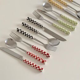 Dinnerware Sets Ins Wind Net Red Irregular Checkerboard Knife Fork Spoon Western Tableware Set Stainless Steel Ceramics Dining Table