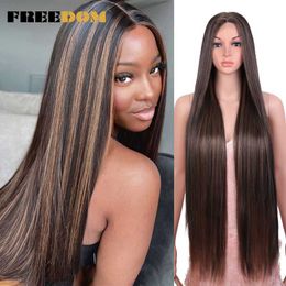 Synthetic Lace Front Wigs 38 Inch Long Straight Lace Wig Pink Red Ginger Blue White Cosplay Wigs For Black Women 230524