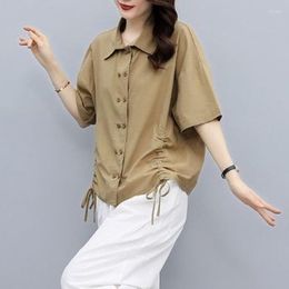 Women's Blouses Women Retro Double Breasted Drawstring Cotton Linen Shirts 2023 Summer Simple Casual Loose Solid Short Sleeve Top Female