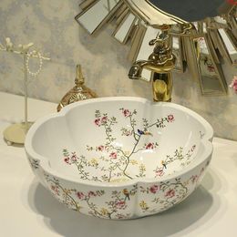 China Painting flower and bird Ceramic Art Lavabo Bathroom Vessel Sinks Round Countertop wash basin chinagood qty Uvgpv