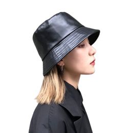 2021 Fashion Women Hat Winter Faux Leather Solid Coloured Sun Protection Fisherman Cap Casual Bucket Hat Pu