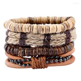 Link Bracelets Vintage Bohemia Braid Leather Woods Beads Rope Bracelet Sets For Men Multi-layer Adjust Coconut Bangle Hands Jewellery