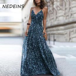 Dresses Nedeins 2020 Women Sexy Party Maxi Dress Summer Sling Vneck Leopard Print Long Dress Fashion Leisure Sleeveless Dresses