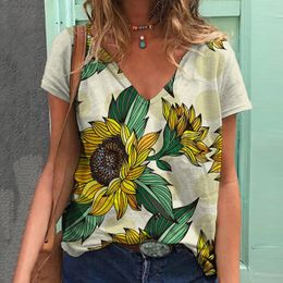 Women's T Shirts Womens Casual Summer V Neck Chrysanthemum Print Short Sleeve Tunic Tee Loose Fit Trendy Tops Vetement Femme