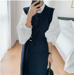Work Dresses Korean Medium Length Elegant Lace Up Sweater Vest Solid Color Lantern Sleeve Shirt Long Dress Two Piece Chic Set Suit