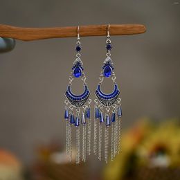 Dangle Earrings Bohemia Vintage Blue Rhinestone For Women Fashion Ethnic Style Silver Color Alloy Tassel