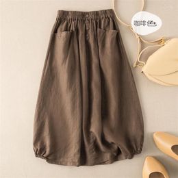 Skirts Summer Pockets Button Vintage Skirt Cotton Linen High Waist Plus Size A-Line Solid Elegant Casual Women Temperament I359