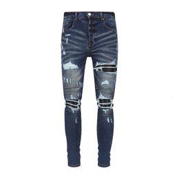 Men's Jeans Street Fashion Men Retro Dark Blue Elastic Stretch Skinny Ripped Leather Patched Designer Hip Hop Brand Pants 230625
