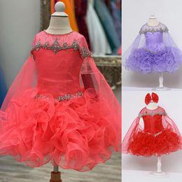 Girl Ruffle Cupcake Pageant Dress 2024 Crystal Cape Hot Coral Little Kid Birthday Formal National Party Gown Infant Toddler Teens Tiny Young Junior Miss Glitz Lilac